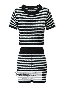 Women’s Tow Piece Striped Knitted Shorts Set With Short Sleeve Cropped Top Sun-Imperial United States