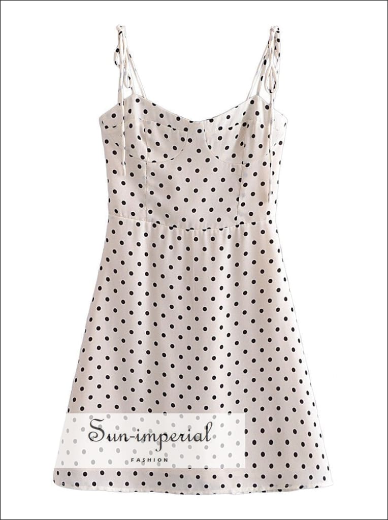 Sun-imperial - womens White with Black polka dot tie cami shoulder strap mini dress with shirring White / S Sun-imperial - womens White with Black polka dot tie cami shoulder strap mini dress with shirring White / S