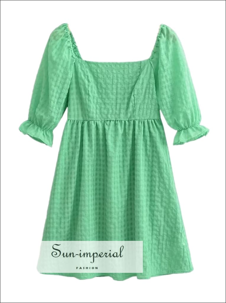 Sun-imperial - women square neck plaid waffle short puff sleeve mini dress   Sun-Imperial