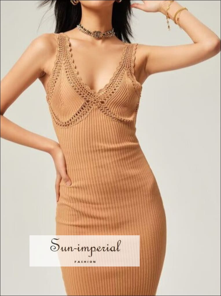Sun-imperial - womens corset style v neck knitted midi dress with crochet detail Black / M Sun-imperial - womens corset style v neck knitted midi dress with crochet detail Black / M