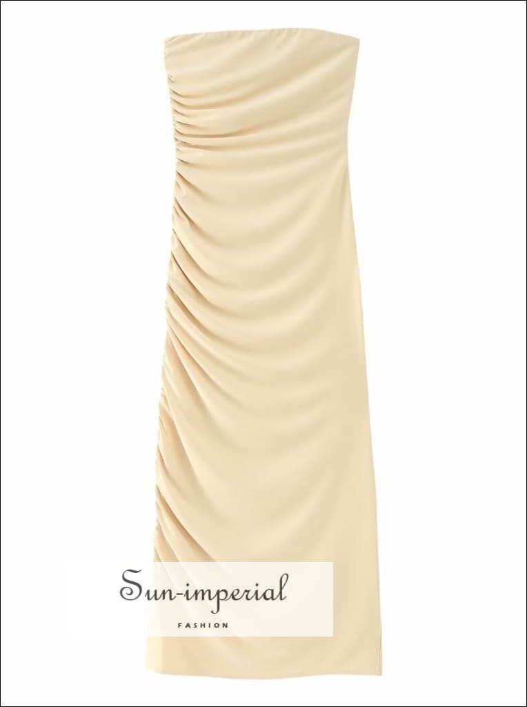 Sun-imperial - womens Beige ruched tube midi dress Beige / M Sun-imperial - womens Beige ruched tube midi dress Beige / M