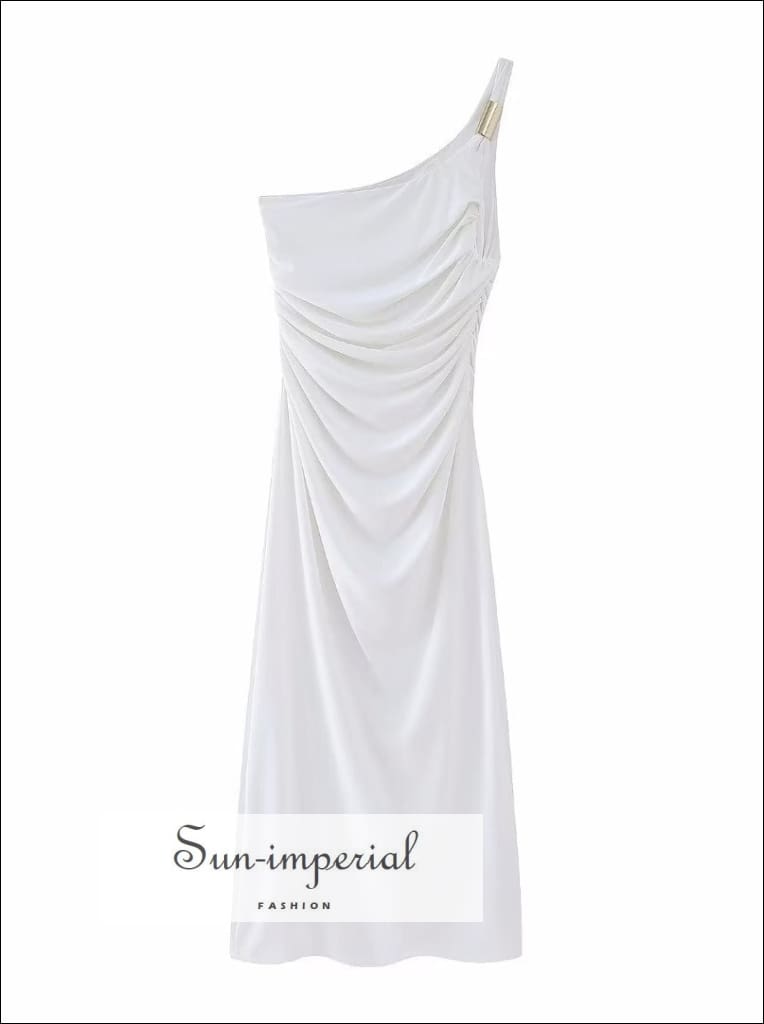 Sun-Imperial - Womans White Ruched Skew Collar One Shoulder Midi Dress with Gold Ring Strap Detail White / S Sun-Imperial - Womans White Ruched Skew Collar One Shoulder Midi Dress with Gold Ring Strap Detail White / S