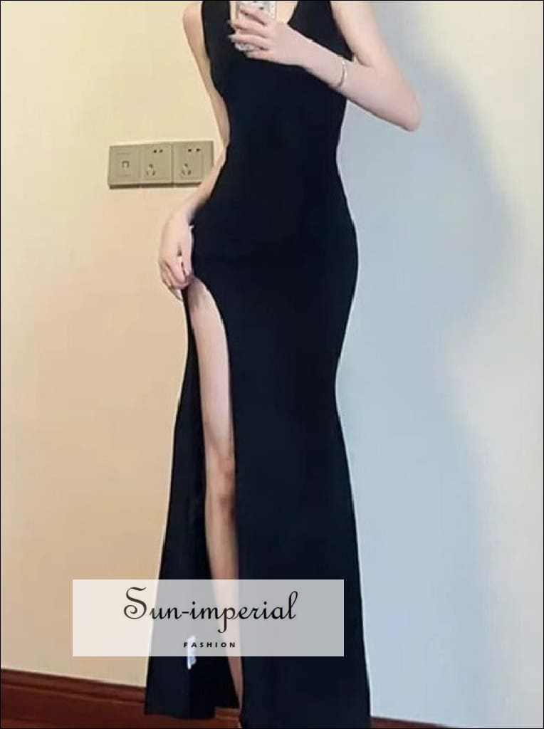 Sun-imperial - womens u neckline knitted maxi dress with high slit detail Dark Grey / M