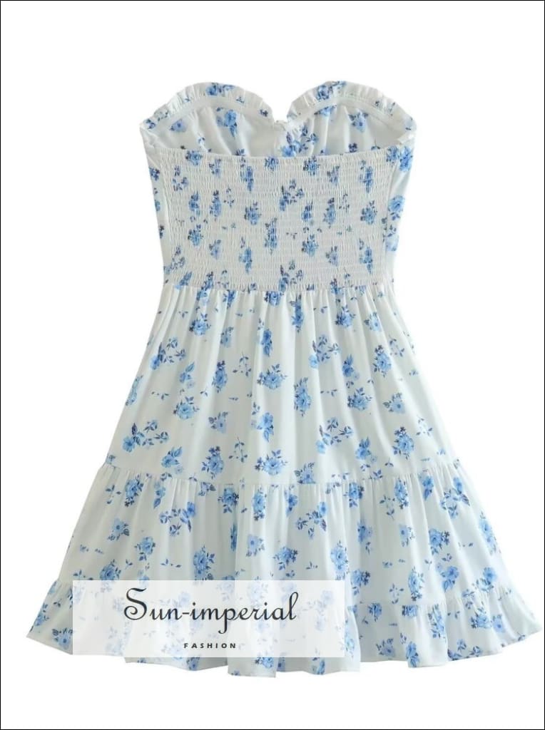Sun-imperial - womens White with blue floral print corset style strapless mini dress with ruffle White / L Sun-imperial - womens White with blue floral print corset style strapless mini dress with ruffle White / L