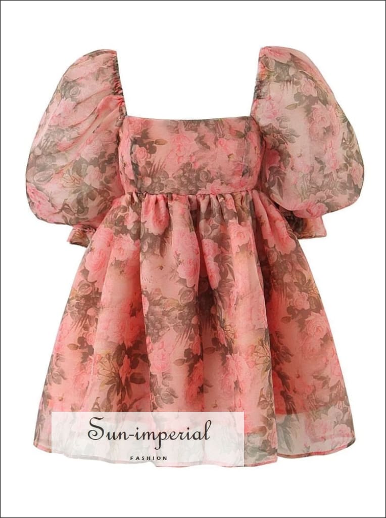 Sun-Imperial - Womens Puff Pink Princess Tie Dye Floral Organza Mini Dress with Square Collar Multi / L Sun-Imperial - Womens Puff Pink Princess Tie Dye Floral Organza Mini Dress with Square Collar Multi / L
