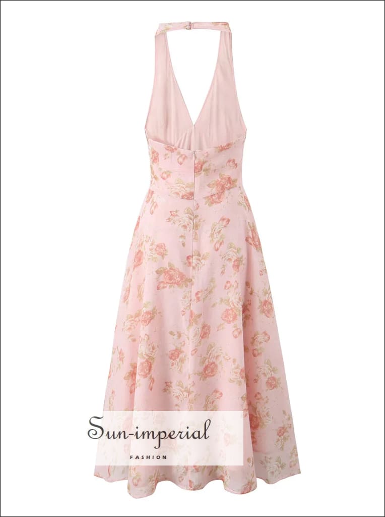 Sun-Imperial - Women's Pink Floral Halter Deep V Neckline A-Line Midi Dress Pink / L