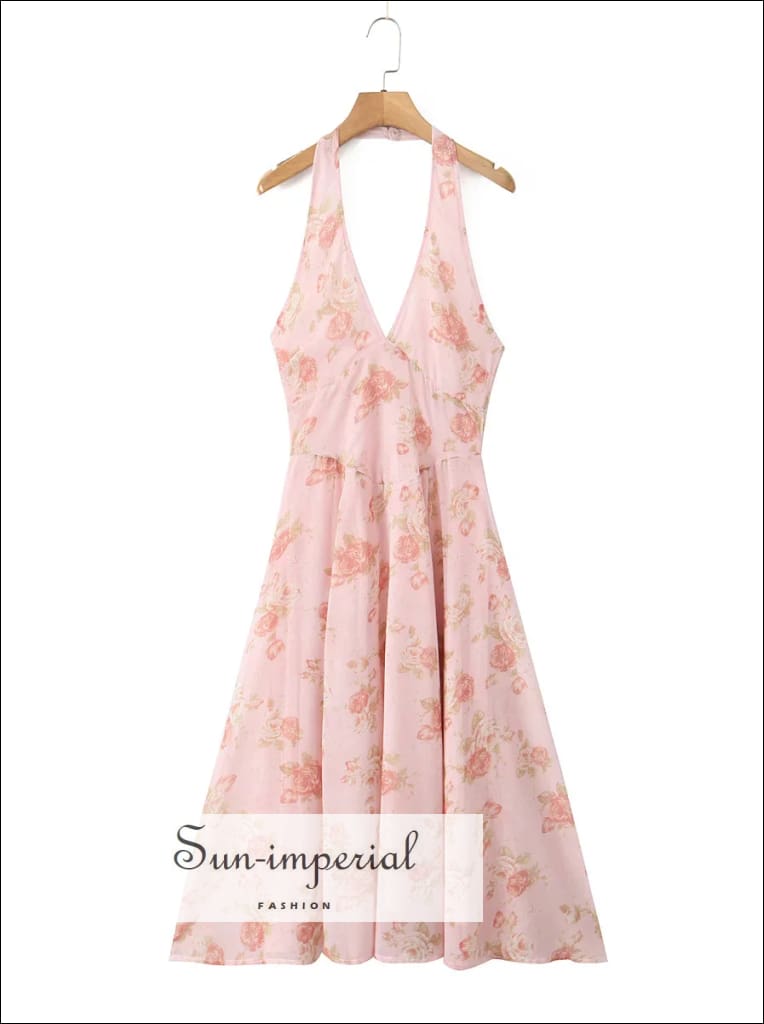 Sun-imperial - women's Pink floral halter deep v neckline a-line midi dress Pink / L Sun-imperial - women's Pink floral halter deep v neckline a-line midi dress Pink / L