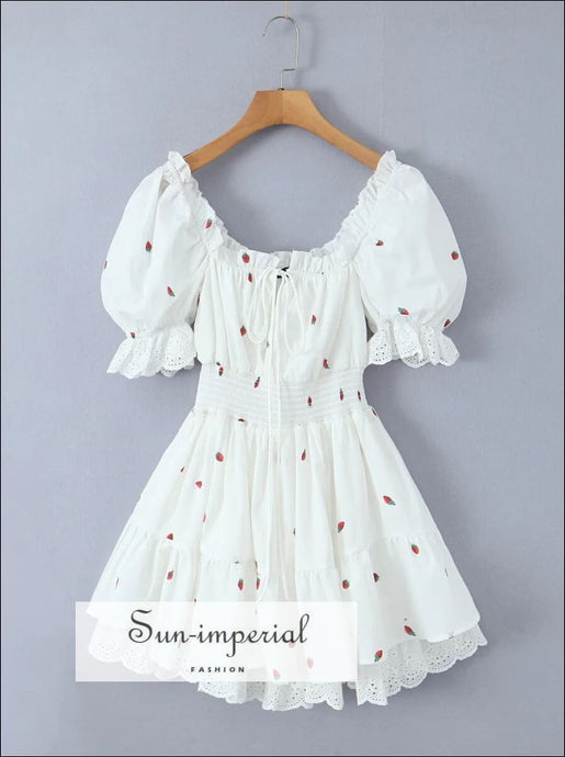 Women’s White Short Sleeve A-line Mini Dress With Strawberry Print Detail A-Line Sun-Imperial United States