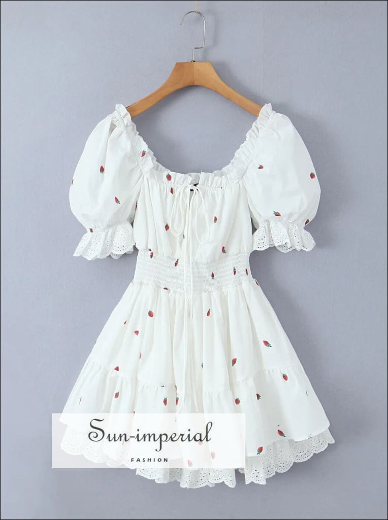 Sun-Imperial - Womens White Short Sleeve A-Line Mini Dress with Strawberry Print Detail White / S Sun-Imperial - Womens White Short Sleeve A-Line Mini Dress with Strawberry Print Detail White / S
