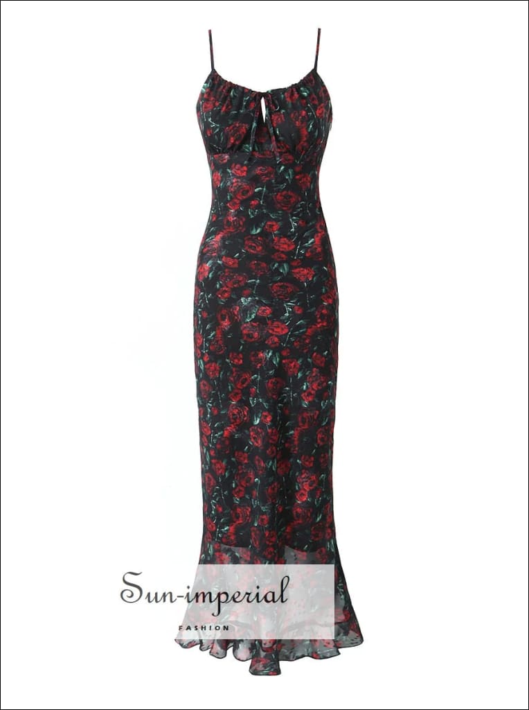 open lace back dress Flower Wedding Guest Dress Black Floral Print Sleeveless Backless Slit Casual Vacation Bodycon Maxi Dress(Black/M) main image 1