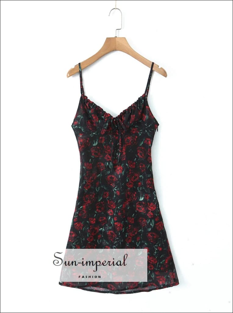 Sun-Imperial - Womens Black Midi Dress with Red Rose Print Sling Dress Mini Black Flower / M
