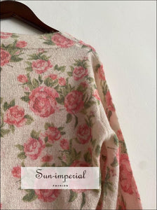 Beige Rose Print Women V-neck Long Sleeve Single Breasted Knitwear Short Cardigan Sweater casual style, Unique vintage style Sun-Imperial