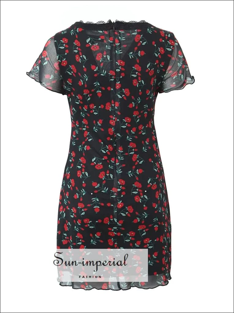 open lace back dress Exily Mini Dress in Brocade Flower Black and Red