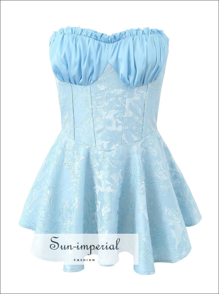 Sun-Imperial - Blue Satin Strapless Jacquard A-Line Corset Style Mini Dress with Contrast Color Blue / M Sun-Imperial - Blue Satin Strapless Jacquard A-Line Corset Style Mini Dress with Contrast Color Blue / M