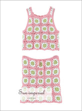 Women’s Pink Sun Flower Print Crochet Two Piece Skirt Set With Sleeveless Crop Top Tanks And Pencil Mini Sun-Imperial United States