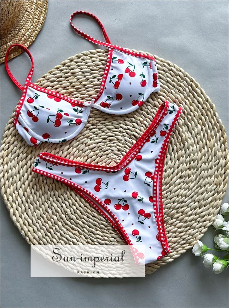 Sun-imperial - White underwire bikini with playful Cherry print and bold red frame Cherry print / M