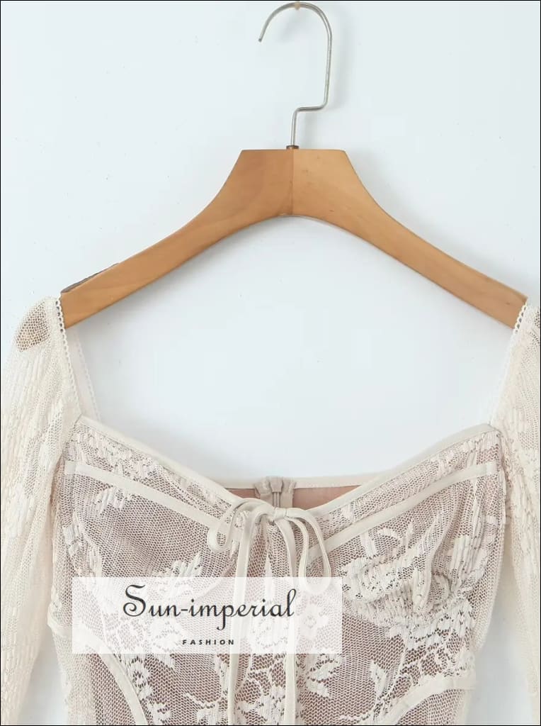 Sun-imperial - womens Beige lace square collar long flare sleeve embroidery pleated mini dress Beige / L Sun-imperial - womens Beige lace square collar long flare sleeve embroidery pleated mini dress Beige / L