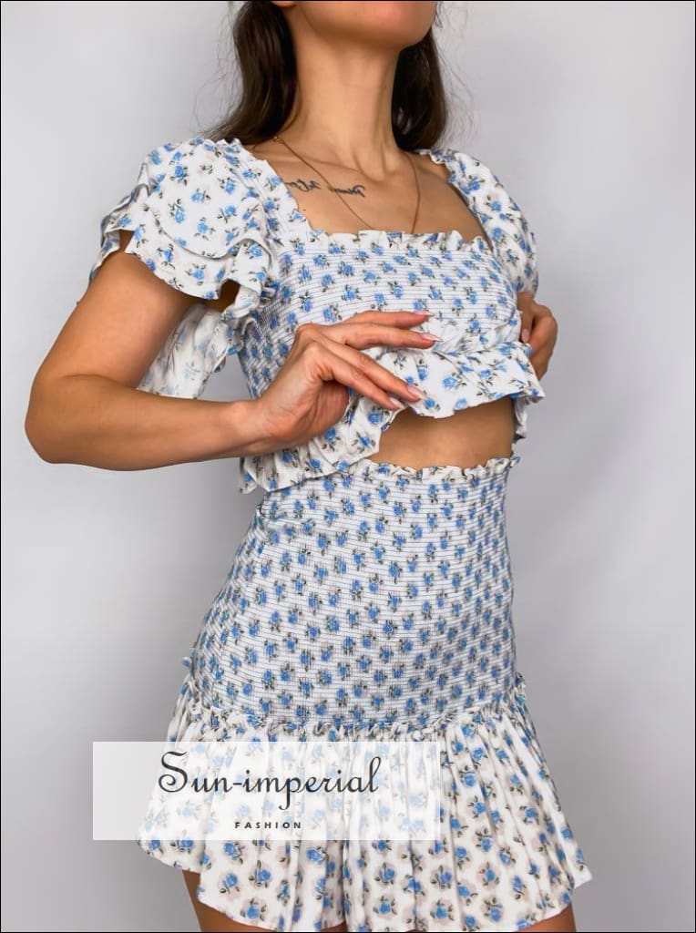 Skirt Set Blue Gingham Flare Skirt Women White With Blue Floral