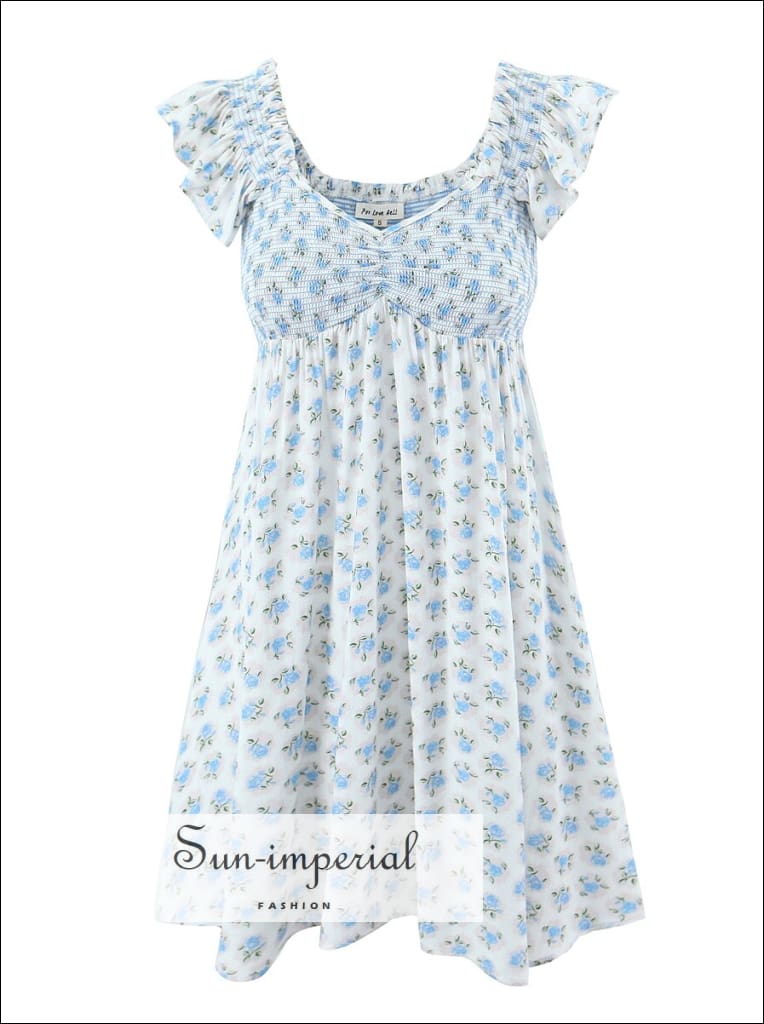 Sun-imperial - women white blue flower print a-line mini dress with ruffle strap and ruched bodice Sun-Imperial Sun-imperial - women white blue flower print a-line mini dress with ruffle strap and ruched bodice Sun-Imperial