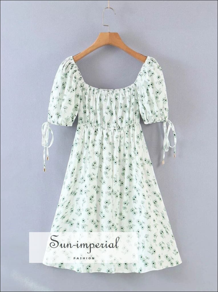 Sun-imperial - womens a-line White floral mini dress with square neck and short puff sleeve detail Sky Blue / L Sun-imperial - womens a-line White floral mini dress with square neck and short puff sleeve detail Sky Blue / L