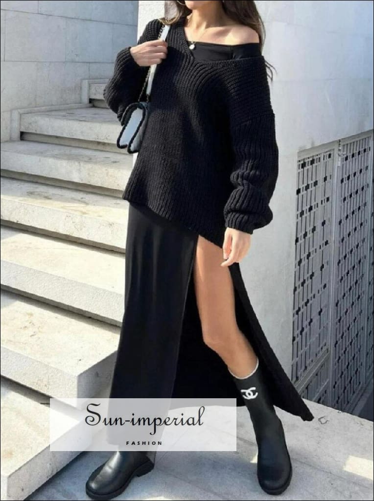 Sun-imperial - womens Black long sleeve off the shoulder bodycon midi dress with high side slit Black / M
