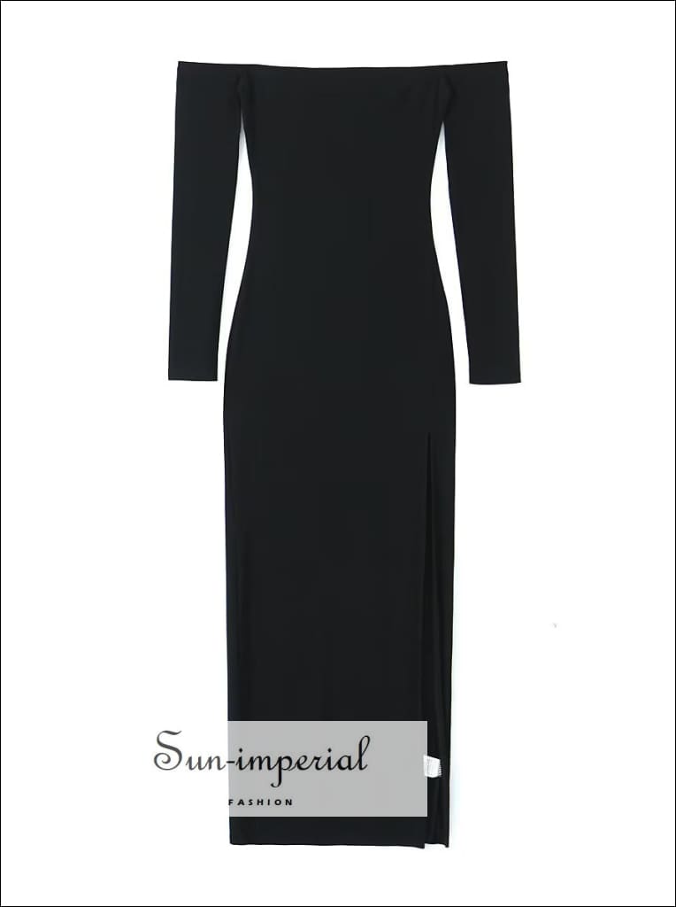 Sun-imperial - womens Black long sleeve off the shoulder bodycon midi dress with high side slit Black / M Sun-imperial - womens Black long sleeve off the shoulder bodycon midi dress with high side slit Black / M