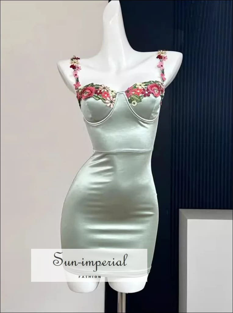 Sun-Imperial - Women Blossom Embroidery Satin Bust Seaming Strappy Cami Mini Dress Pink / S