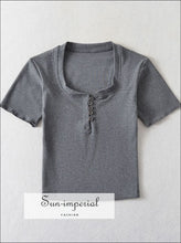 Women’s Short Sleeve Buttoned Front Square Neck Cropped Top T-shirt short Sun-Imperial United States