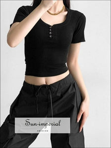 Women’s Short Sleeve Buttoned Front Square Neck Cropped Top T-shirt short Sun-Imperial United States