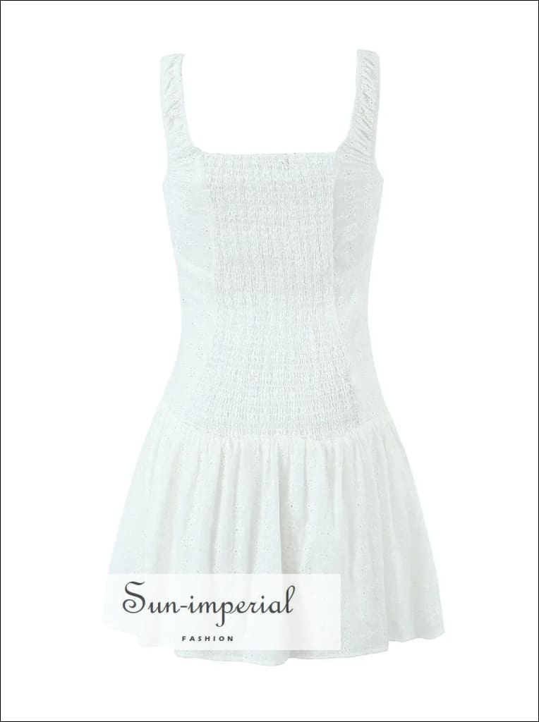 Sun - Imperial - Womens White Cami Straps Embroidery Ruched Bodice A - Line Mini Dress White / S Sun - Imperial - Womens White Cami Straps Embroidery Ruched Bodice A - Line Mini Dress White / S