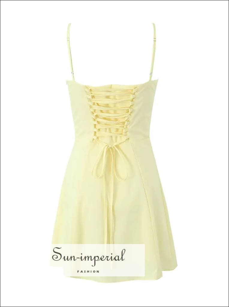Sun-Imperial - Womens Ruched Cami Straps Corset Style Mini Dress with Lace Up Back Detail Yellow / S Sun-Imperial - Womens Ruched Cami Straps Corset Style Mini Dress with Lace Up Back Detail Yellow / S