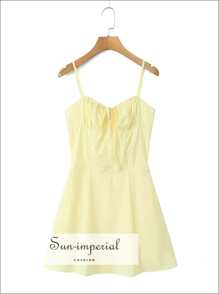 Sun-Imperial - Womens Ruched Cami Straps Corset Style Mini Dress with Lace Up Back Detail Yellow / S Sun-Imperial - Womens Ruched Cami Straps Corset Style Mini Dress with Lace Up Back Detail Yellow / S