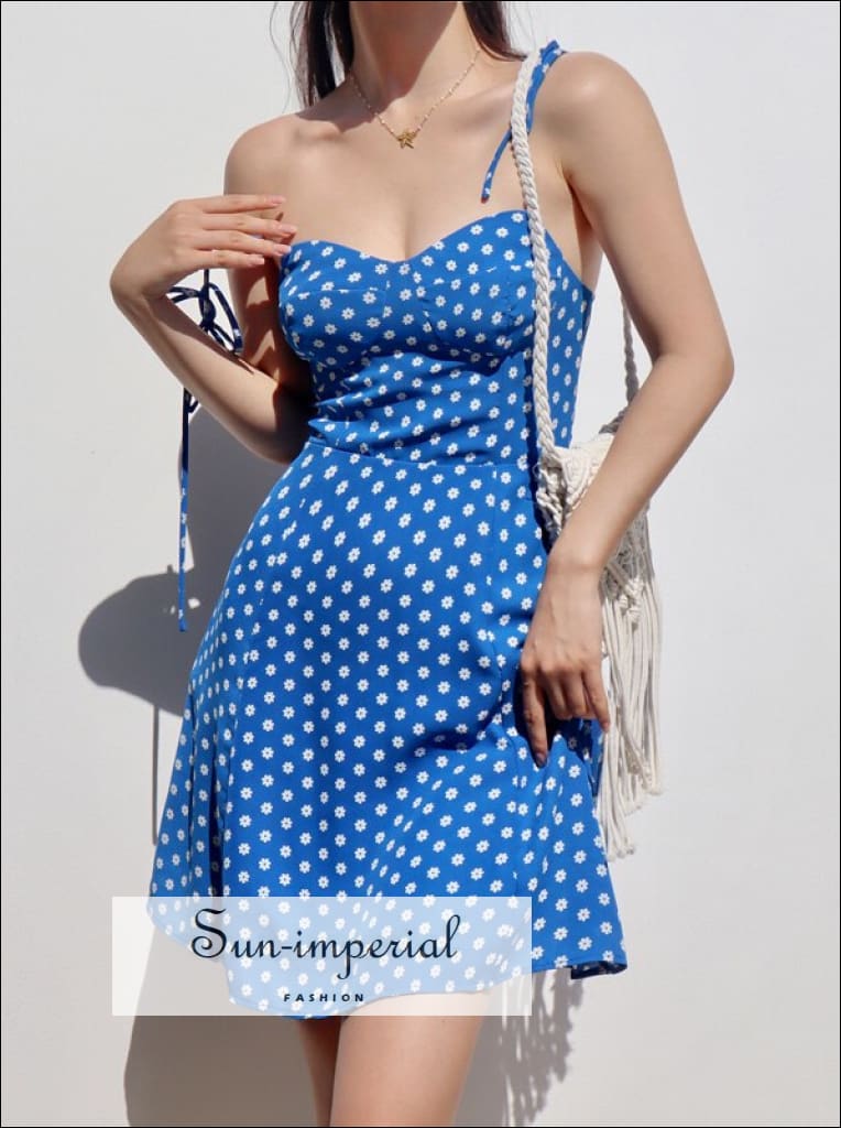 Sun-imperial - womens Blue polka dot tie cami shoulder strap mini dress with shirring back detail Blue / L Sun-imperial - womens Blue polka dot tie cami shoulder strap mini dress with shirring back detail Blue / L