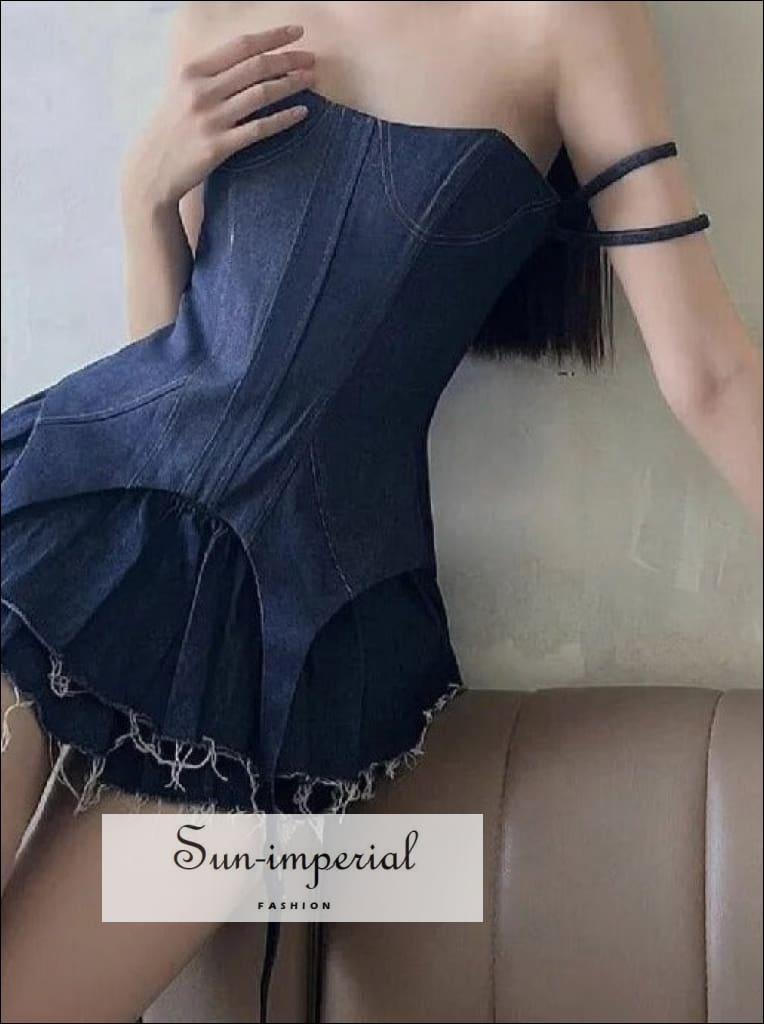 Sun-Imperial - Women's Blue Denim Corset Top And High Waist Mini