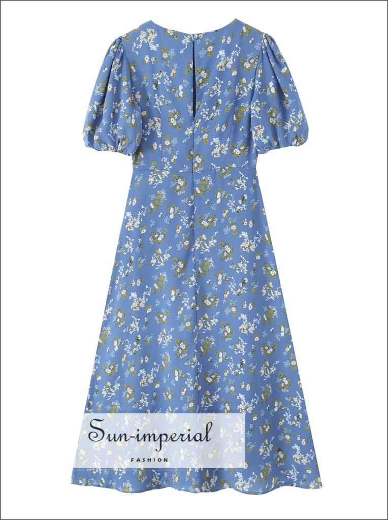 Sun-Imperial - Women's Blue Floral Short Lantern Sleeve Midi Dress Blue / L