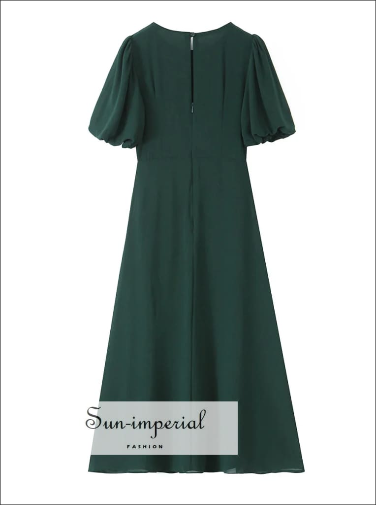 Sun-imperial - women's dark green short puff sleeve midi dress green / L Sun-imperial - women's dark green short puff sleeve midi dress green / L