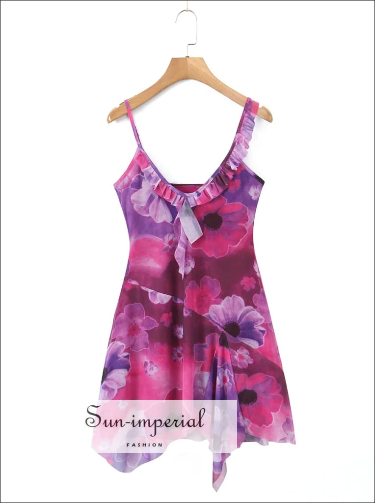 Sun-imperial - womens Pink floral mesh asymmetrical mini dress with ruffles detail S / Pink