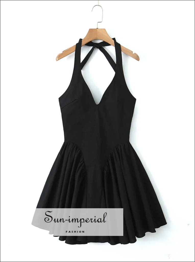 Sun-imperial - women's solid black plated halter mini dress with deep v neckline detail Sun-Imperial Sun-imperial - women's solid black plated halter mini dress with deep v neckline detail Sun-Imperial