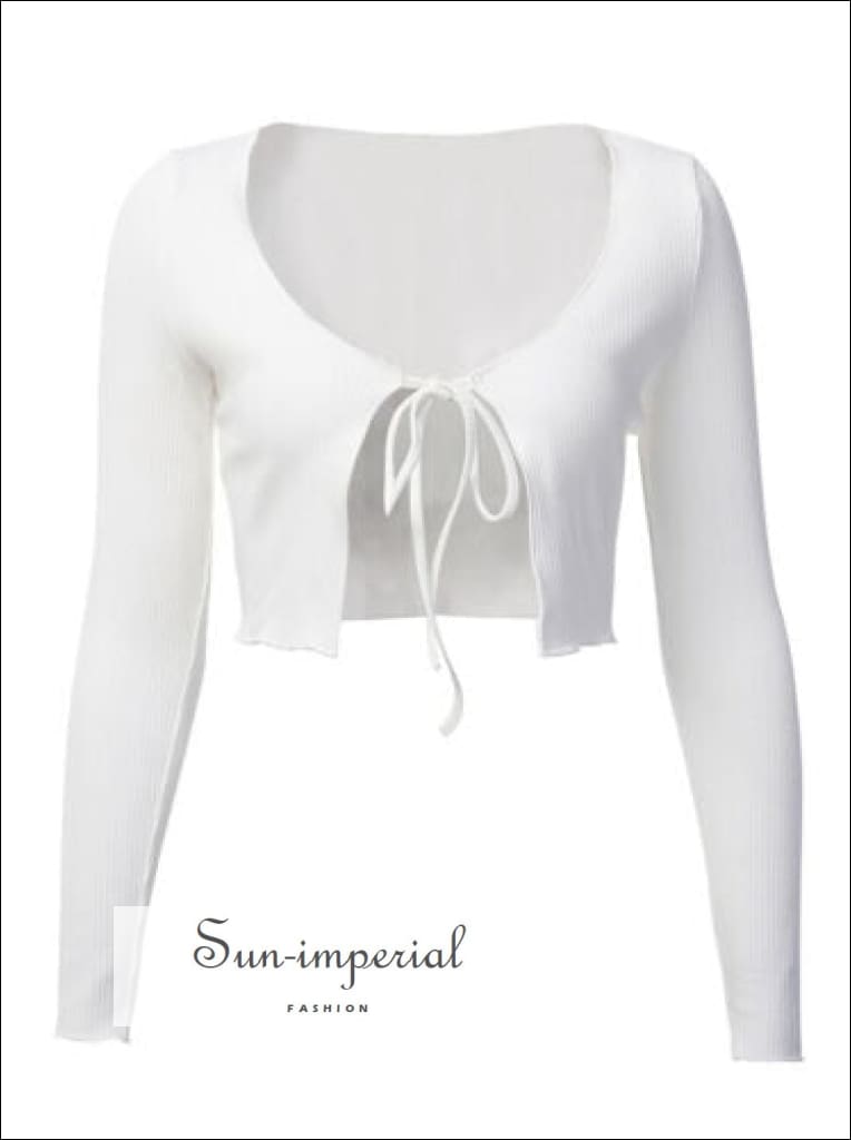 White Tie Front Cropped Cardigan In Ribbed