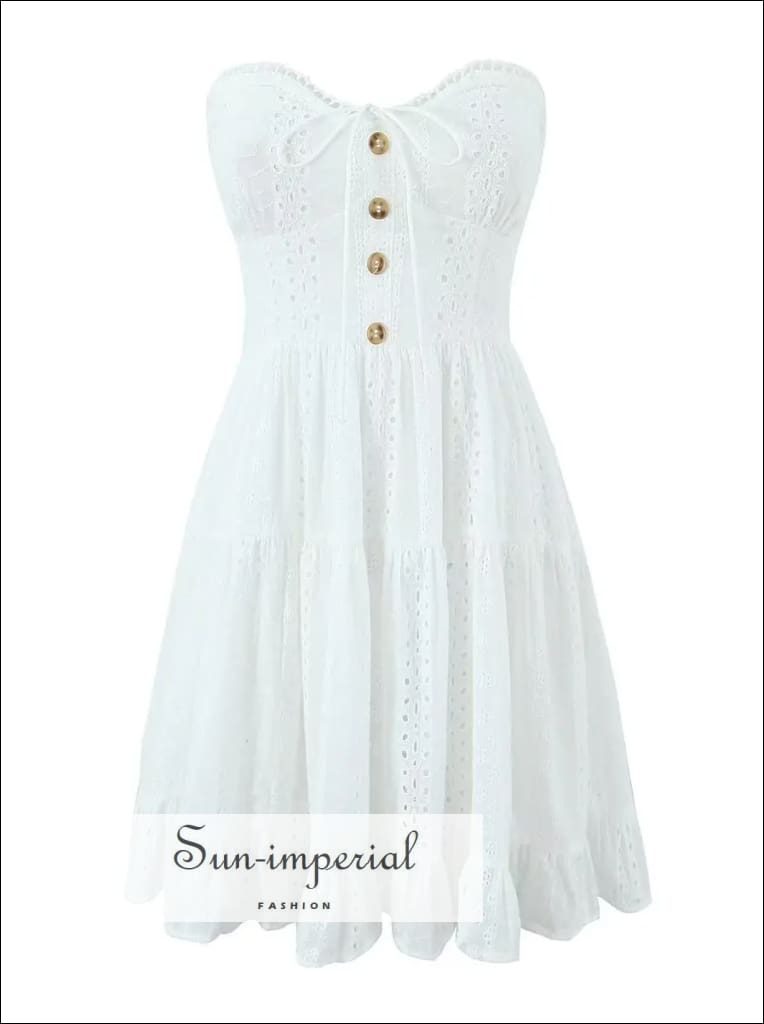 Sun-imperial - womens White embroidery lace tube mini dress with center buttons detail White / S Sun-imperial - womens White embroidery lace tube mini dress with center buttons detail White / S