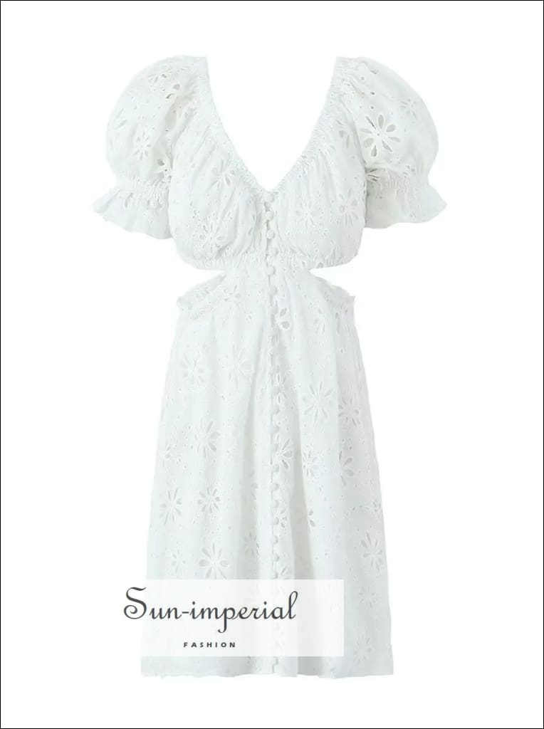 Sun-Imperial - Womens White Short Sleeve Embroidery Cut Out Waist Mini Dress with Center Buttons White / L Sun-Imperial - Womens White Short Sleeve Embroidery Cut Out Waist Mini Dress with Center Buttons White / L
