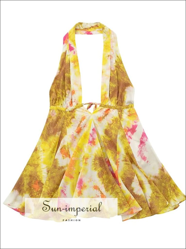 Sun-imperial - womens yellow floral deep v backless halter mini dress Beige / L Sun-imperial - womens yellow floral deep v backless halter mini dress Beige / L