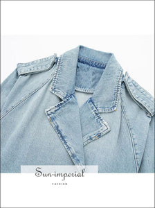 Women Long Sleeve Belted Cropped Denim Jacket With Lapel Collar Sun-Imperial United States