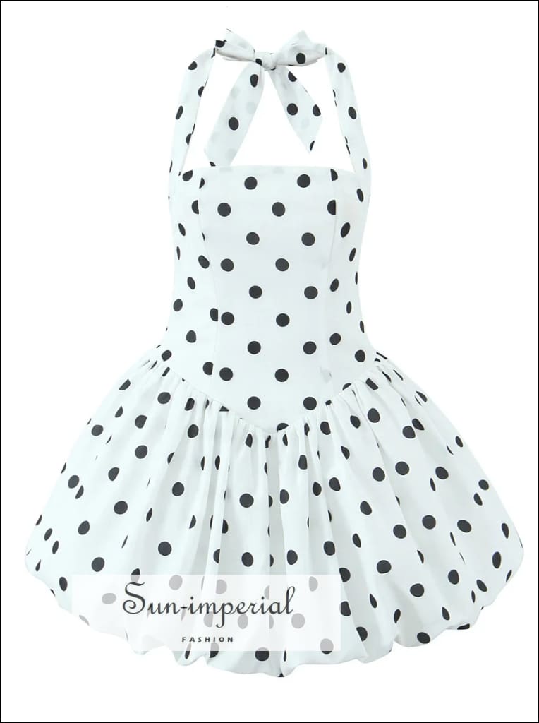 Sun-imperial - women's backless White polka dot halter balloon puff style mini dress White / S Sun-imperial - women's backless White polka dot halter balloon puff style mini dress White / S
