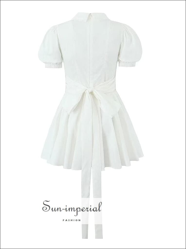 Sun-Imperial - Womens Vintage Short Puff Sleeve Pleated White Mini Dress with Back Bow Detail Multi / M Sun-Imperial - Womens Vintage Short Puff Sleeve Pleated White Mini Dress with Back Bow Detail Multi / M