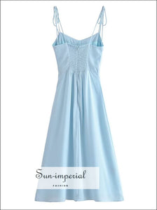 Women’s Sky Blue Tie Cami Strap Midi Dress With Front Slit Detail Sun-Imperial United States