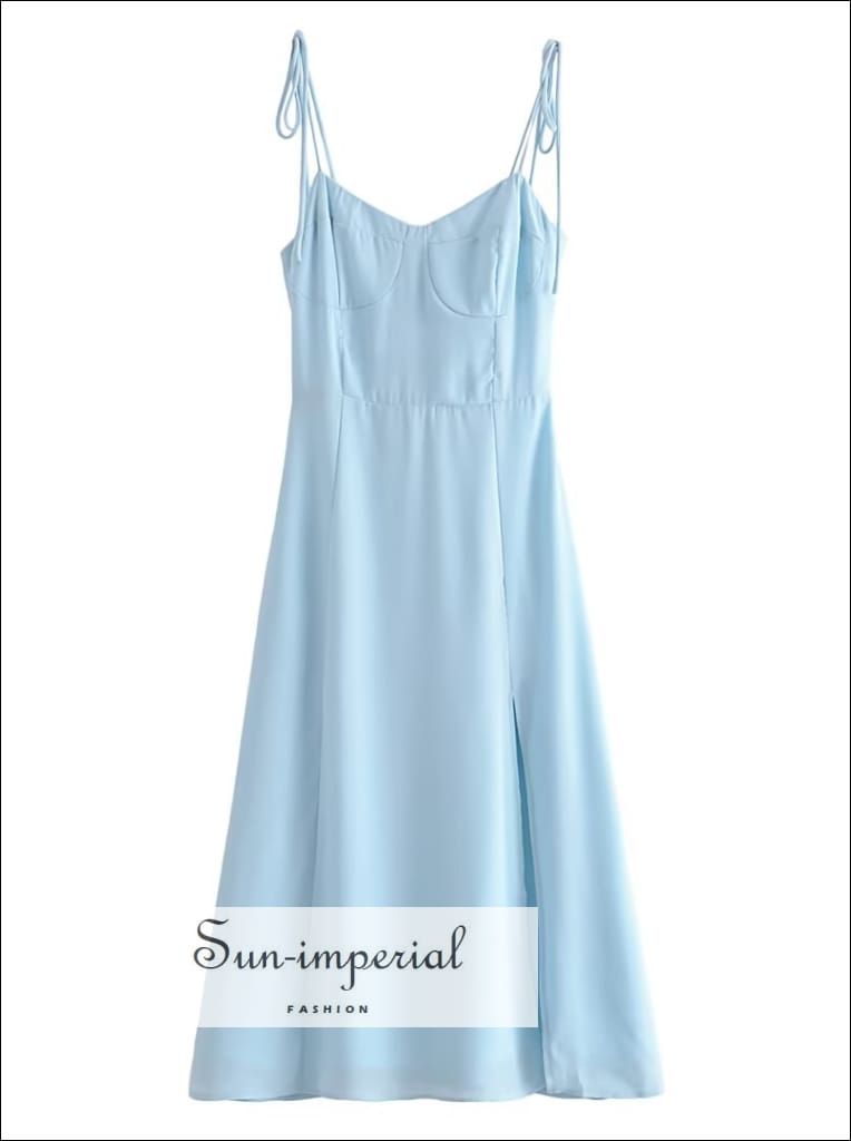 Sun-imperial - womens sky Blue tie cami strap midi dress with front slit detail Blue / M Sun-imperial - womens sky Blue tie cami strap midi dress with front slit detail Blue / M
