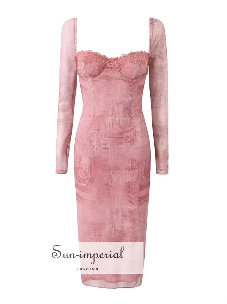 Sun-imperial - womens pink long sleeve corset style midi dress with news paper letter print as picture / S Sun-imperial - womens pink long sleeve corset style midi dress with news paper letter print as picture / S