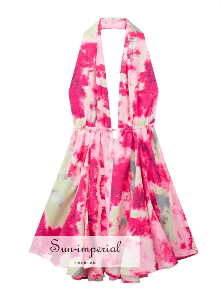 Sun-Imperial - Womens Floral Deep V Backless Halter Mini Dresses Pink Green / M Sun-Imperial - Womens Floral Deep V Backless Halter Mini Dresses Pink Green / M