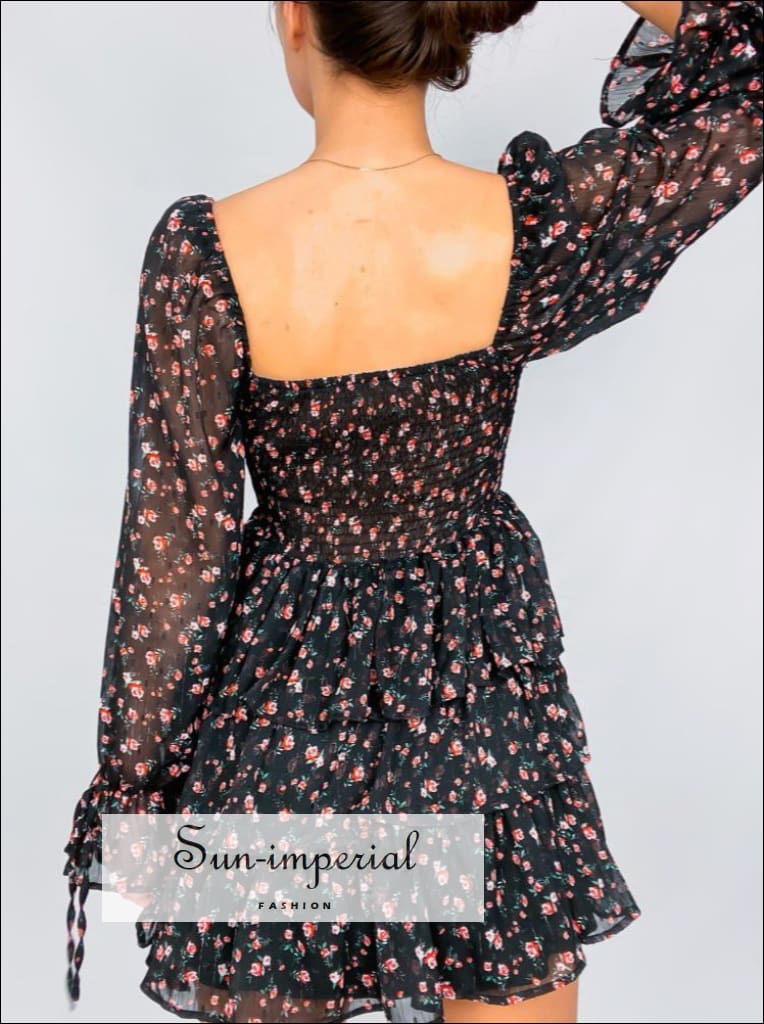 Sun-imperial - womens Black flower print puff long sheer sleeve sweetheart neck mini dress Green / L Sun-imperial - womens Black flower print puff long sheer sleeve sweetheart neck mini dress Green / L